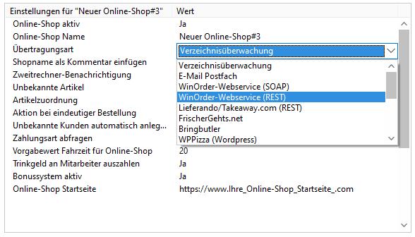 WinOrder Dashboard Settings Add Online-Shop